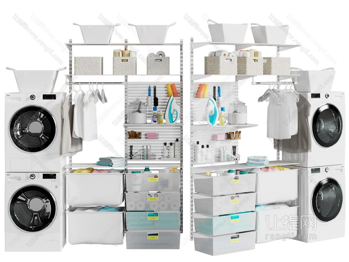 现代洗衣机、烘干机和储物架
