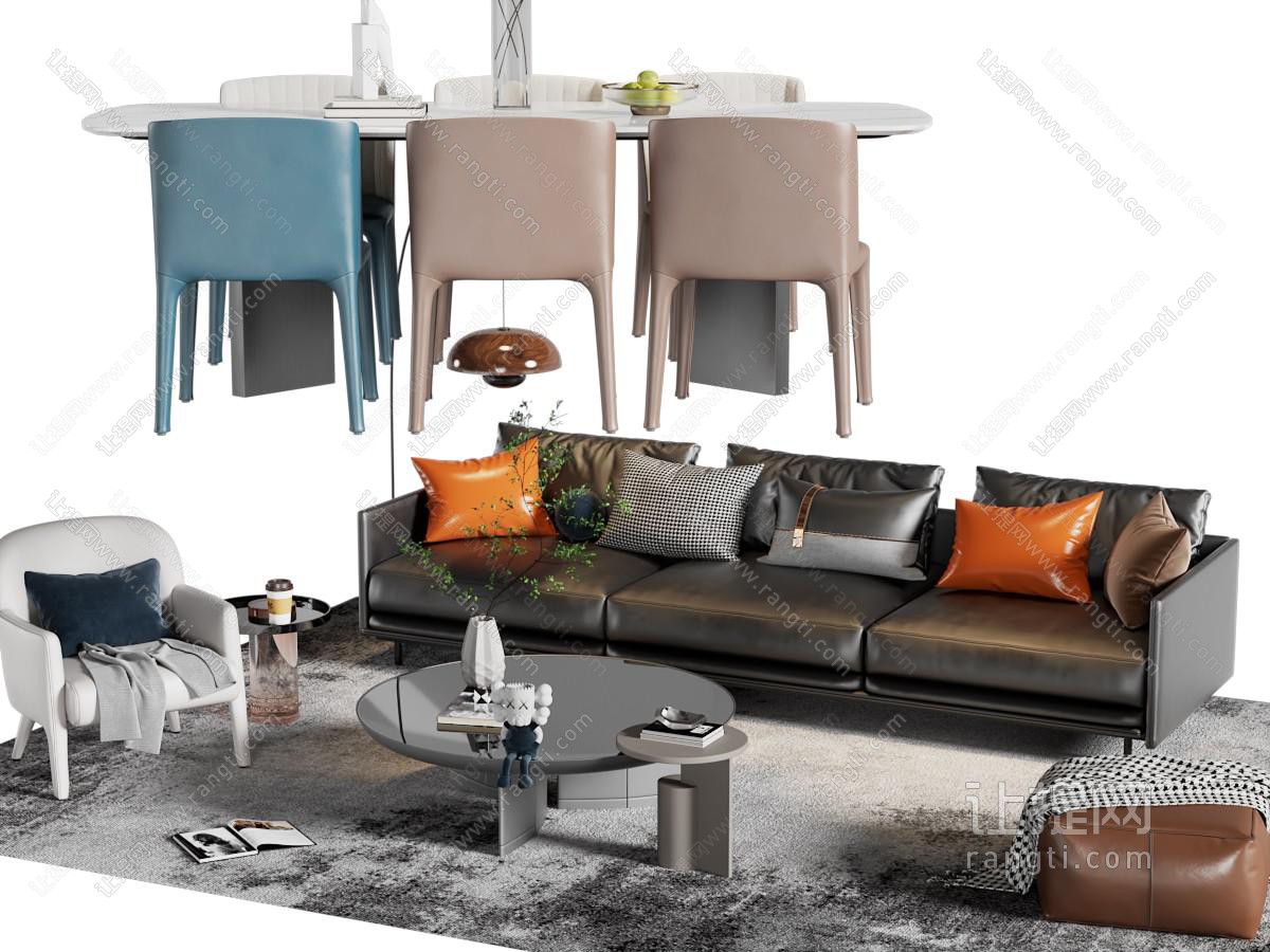 现代餐桌椅组合、多人沙发、茶几组合