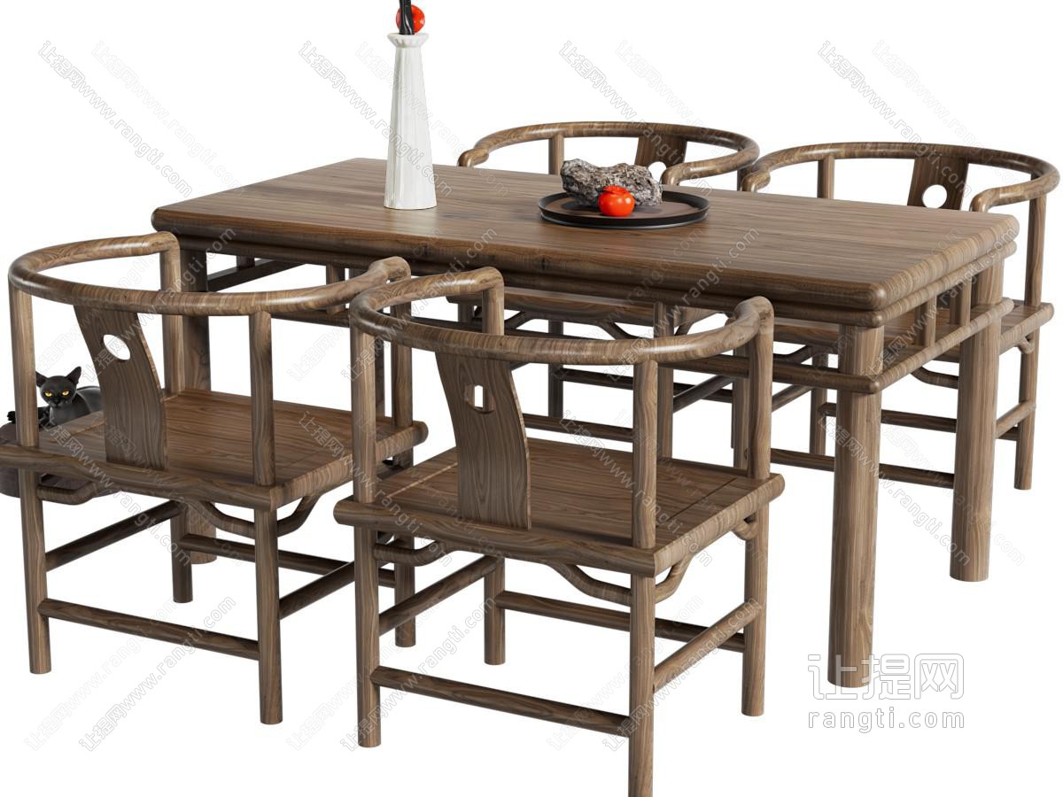 新中式实木长方形餐桌椅组合