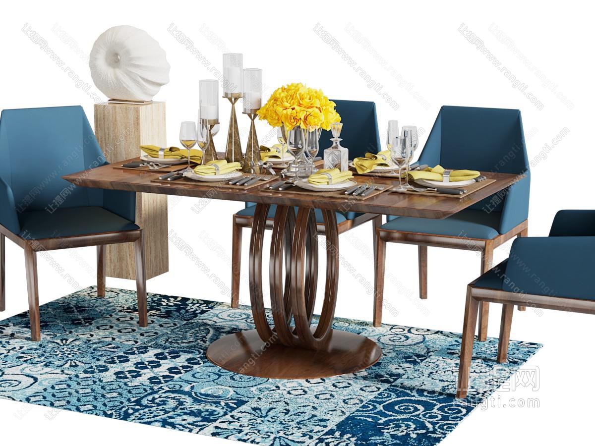 美式实木长方形餐桌椅组合