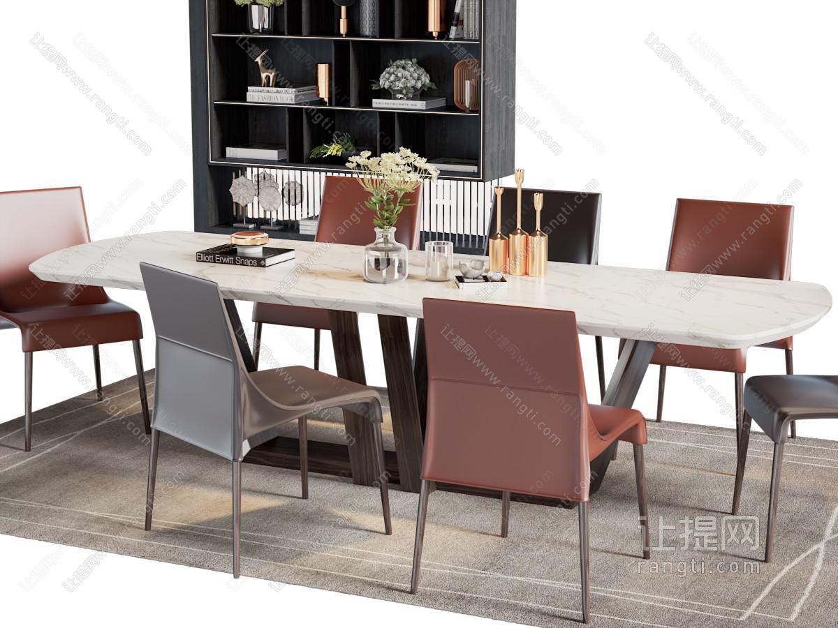 现代大理石椭圆形餐桌椅组合、边柜