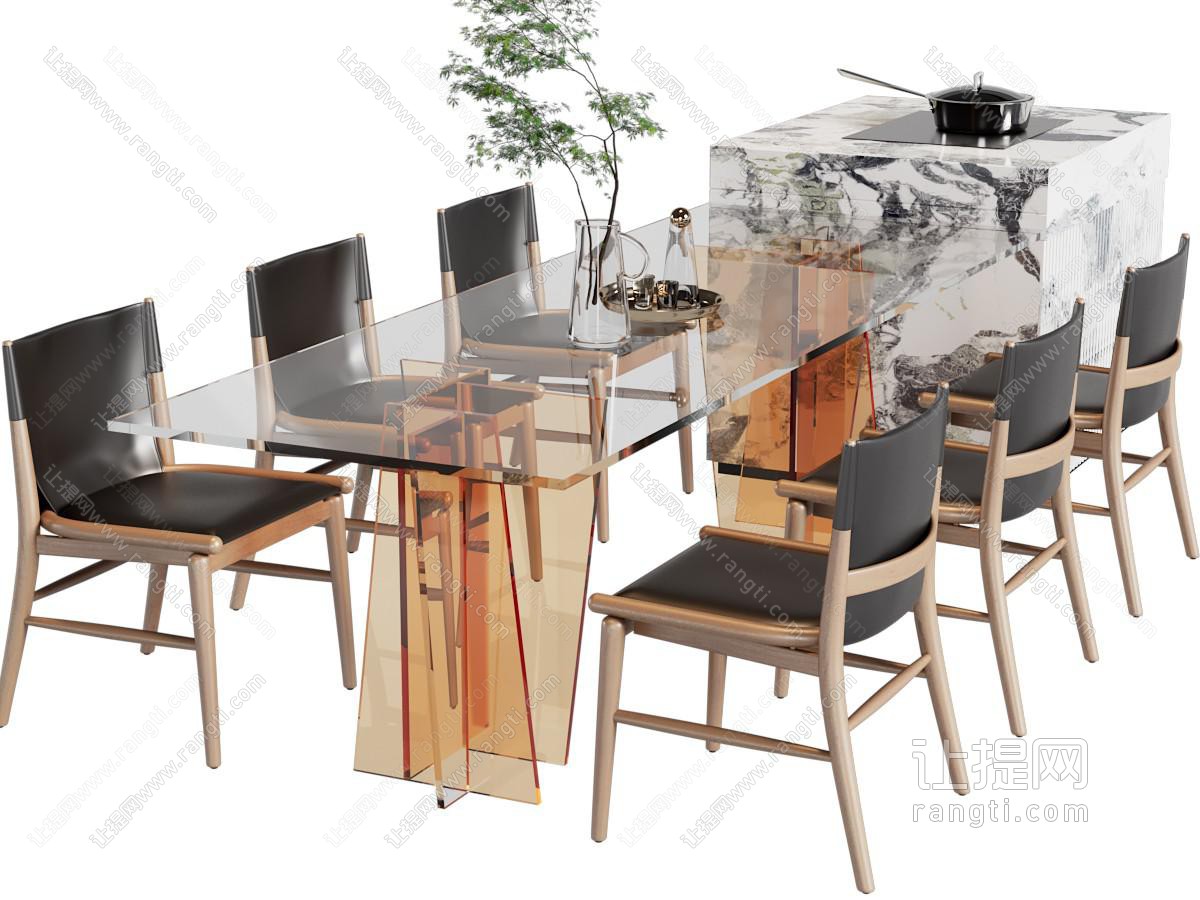 现代带水吧台的透明餐桌椅组合