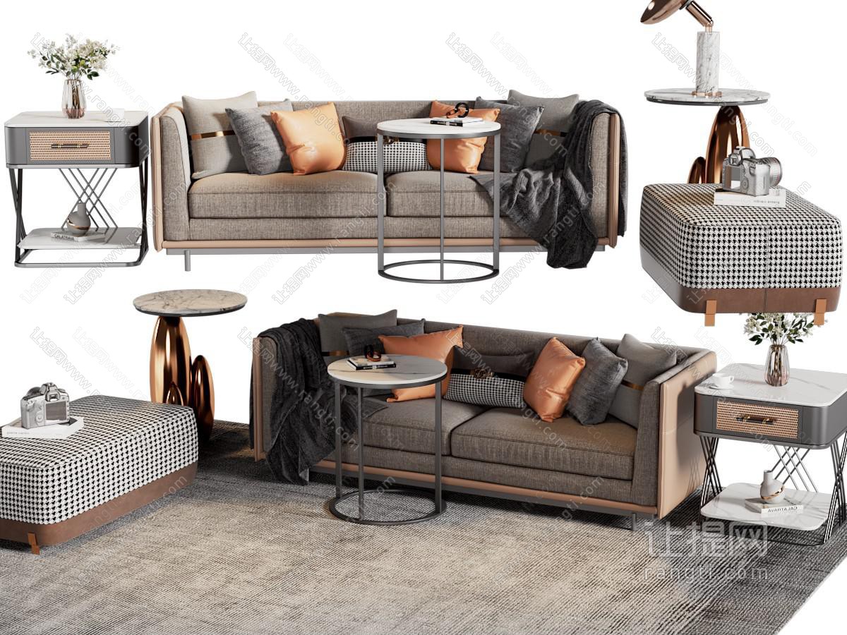 现代双人沙发、沙发凳、边几组合