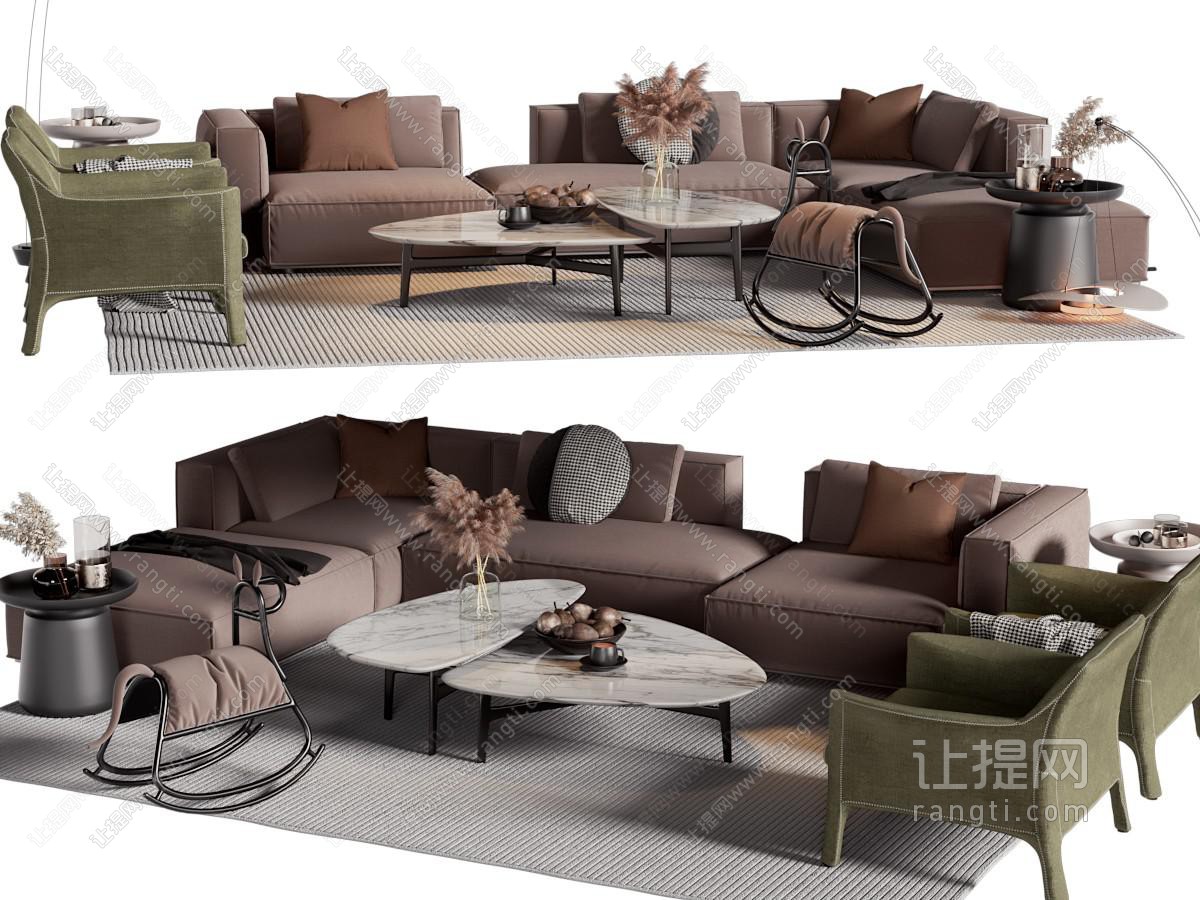 现代转角布艺多人沙发、休闲椅子和茶几组合