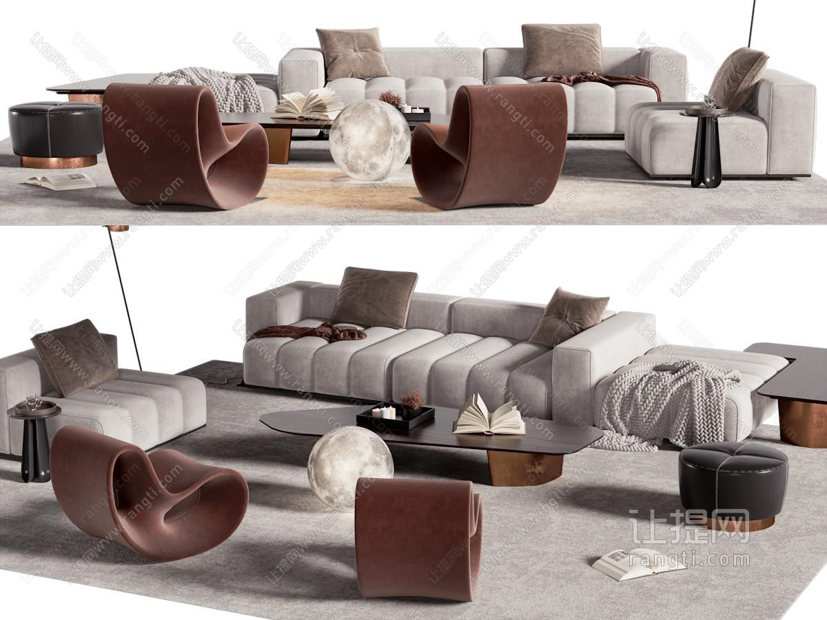 现代布艺多人沙发、沙发凳和茶几组合