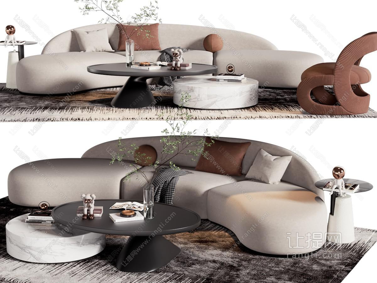 现代弧形多人沙发和茶几组合