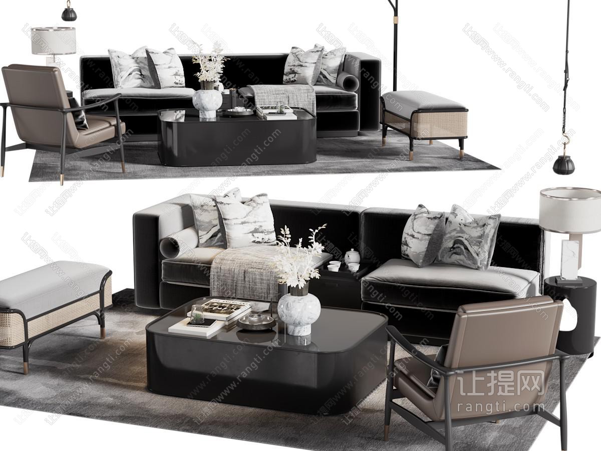 现代双人沙发、沙发凳、茶几组合