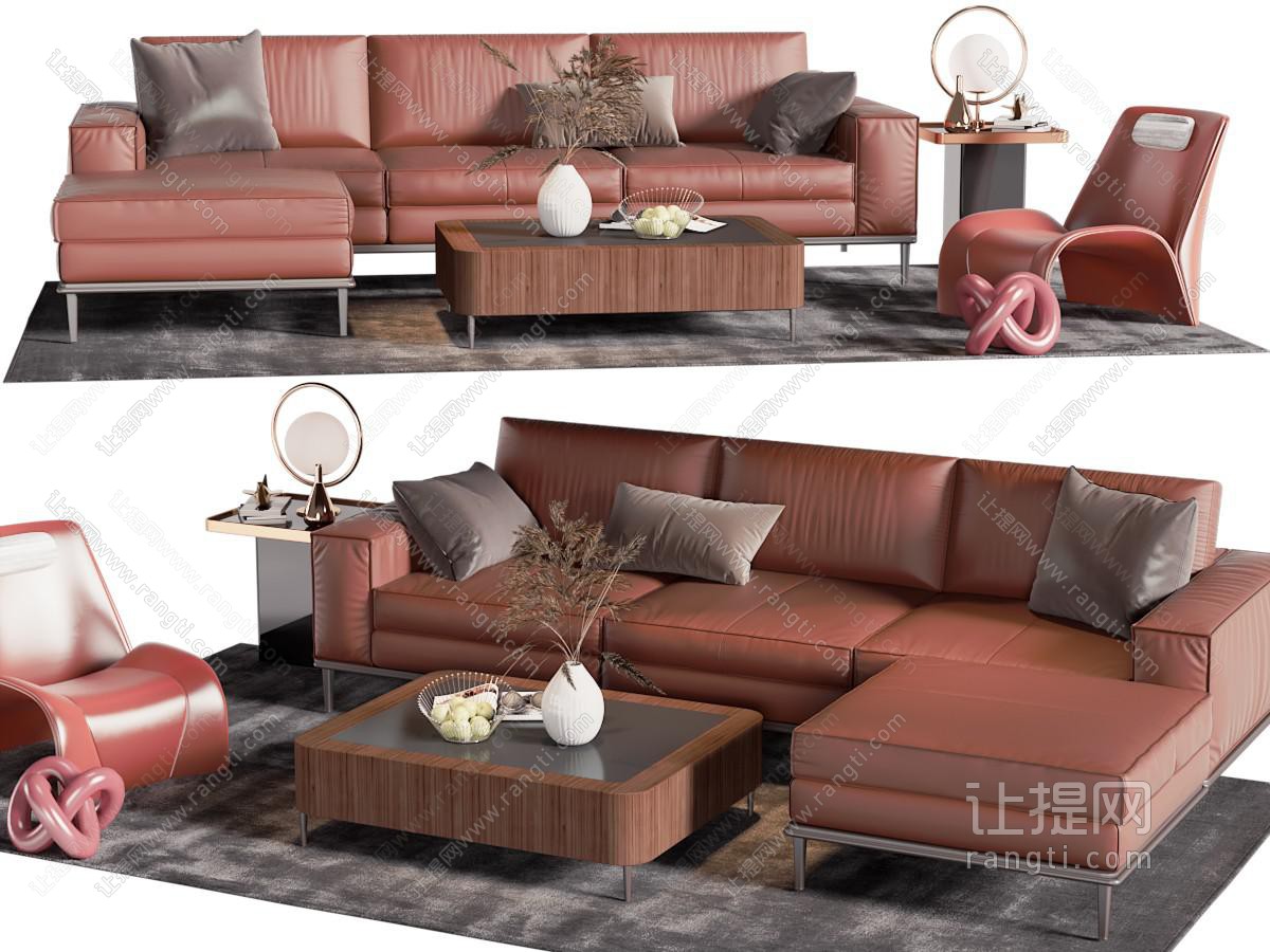 现代红色转角多人沙发、休闲椅子和茶几组合