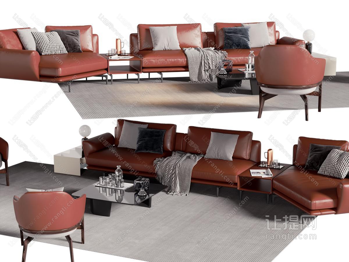 现代红色转角多人沙发、休闲椅子、茶几组合