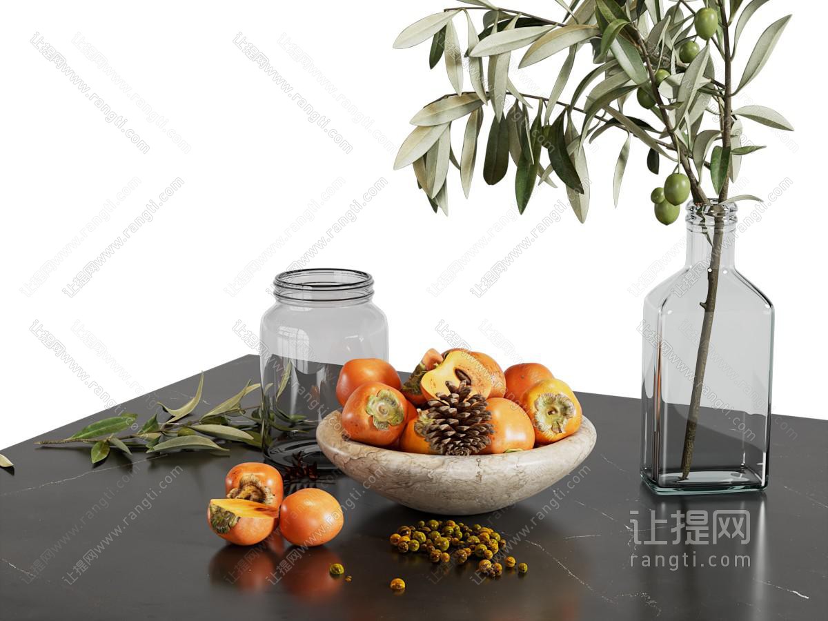 现代柿子果盘、花瓶摆件组合