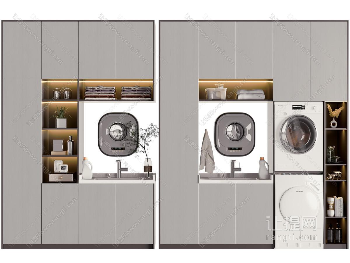 现代嵌入洗衣机、烘干机的储物装饰柜