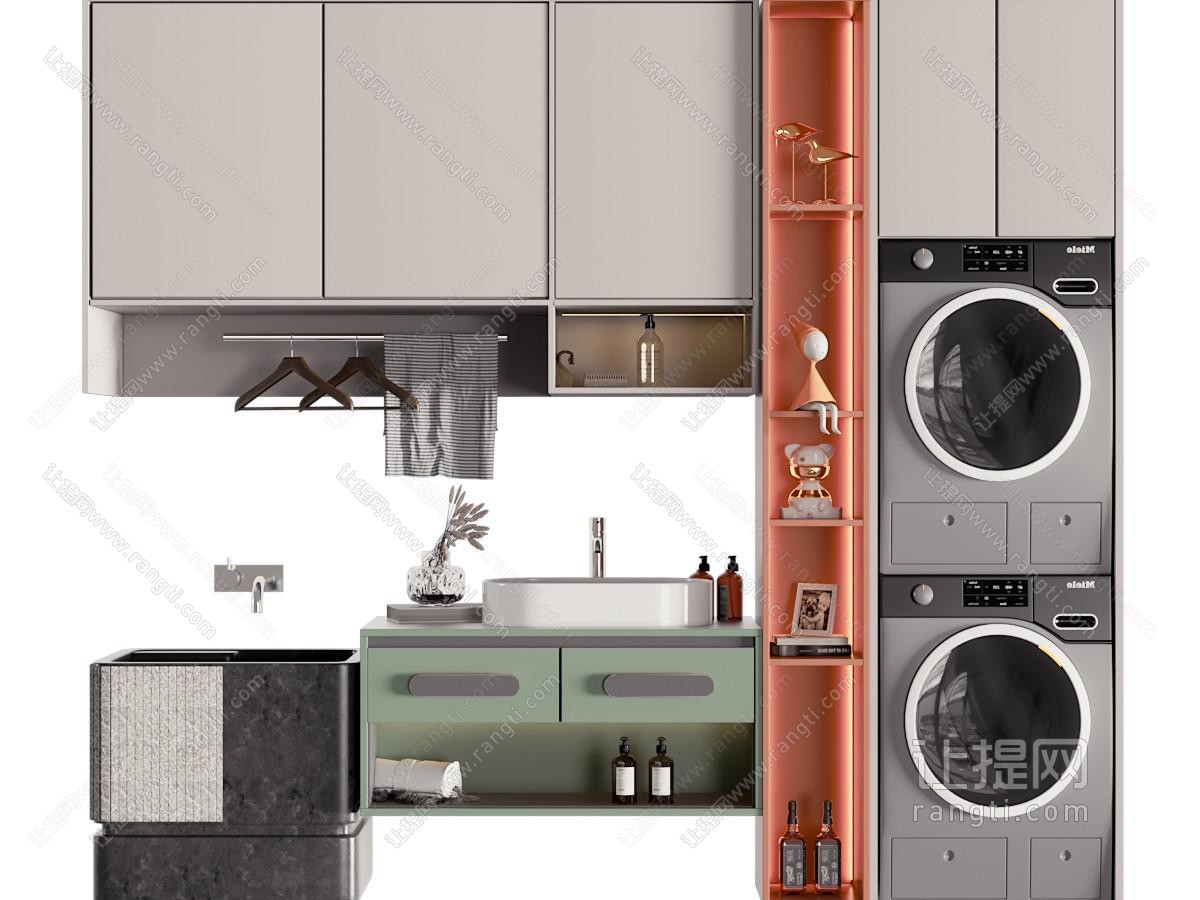 现代嵌入洗衣机、洗衣盆的储物收纳柜