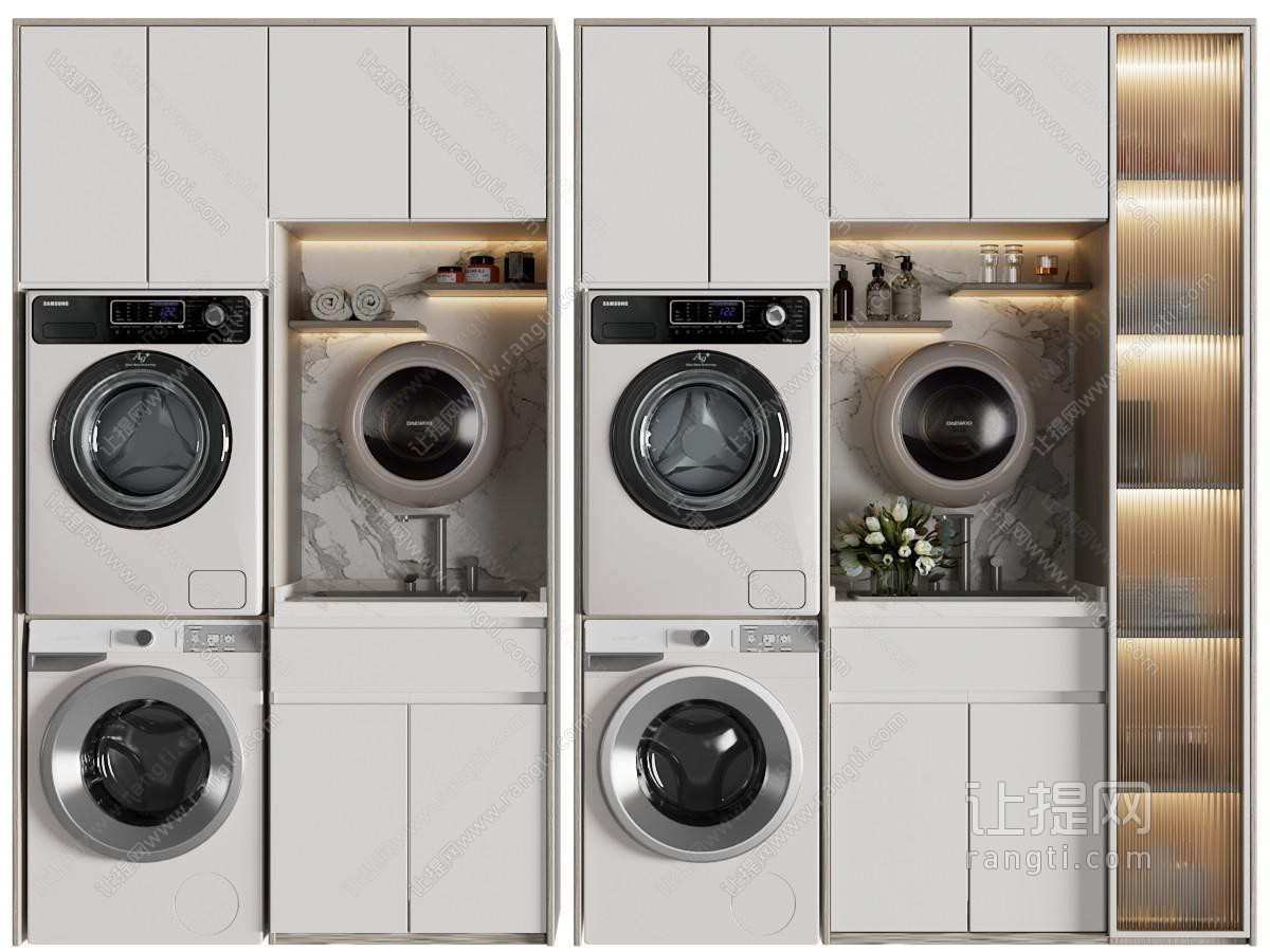 现代嵌入洗衣机、烘干机的储物收纳柜