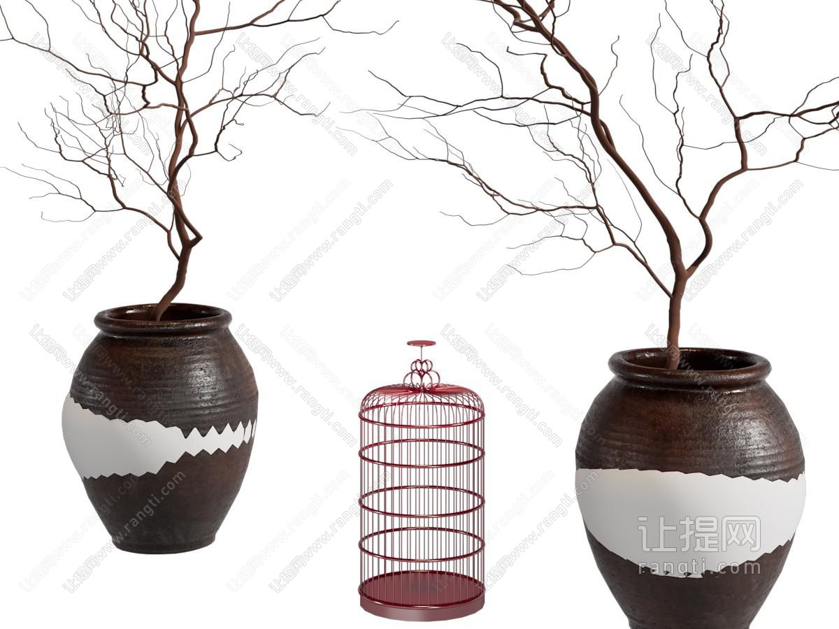 新中式陶艺花瓶干枝、鸟笼摆件
