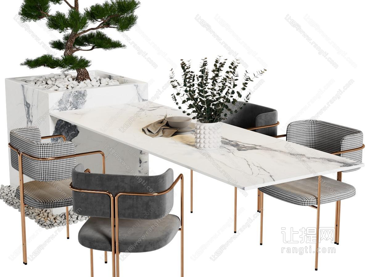 新中式带盆景盆栽的餐桌椅组合