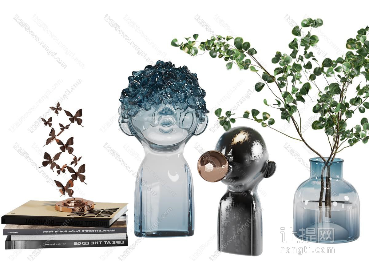 现代玻璃雕塑、书籍和花瓶花卉摆件组合
