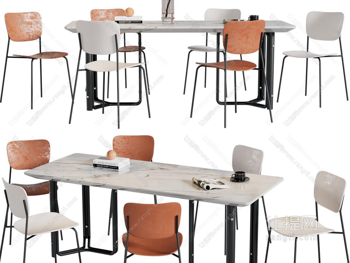 现代大理石长方形餐桌椅组合