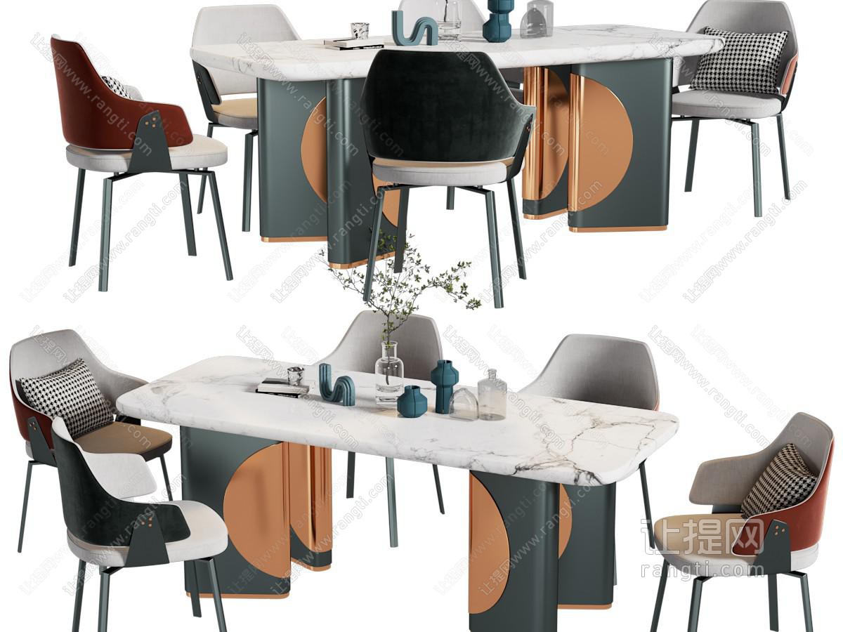 现代长方形大理石餐桌椅组合