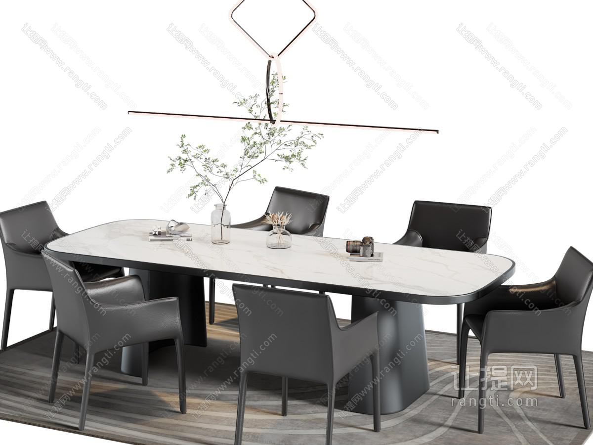 现代长方形圆角餐桌椅组合