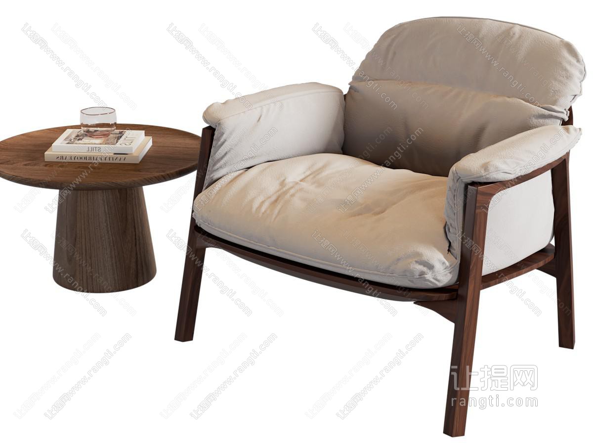 北欧实木布艺休闲椅子、边几