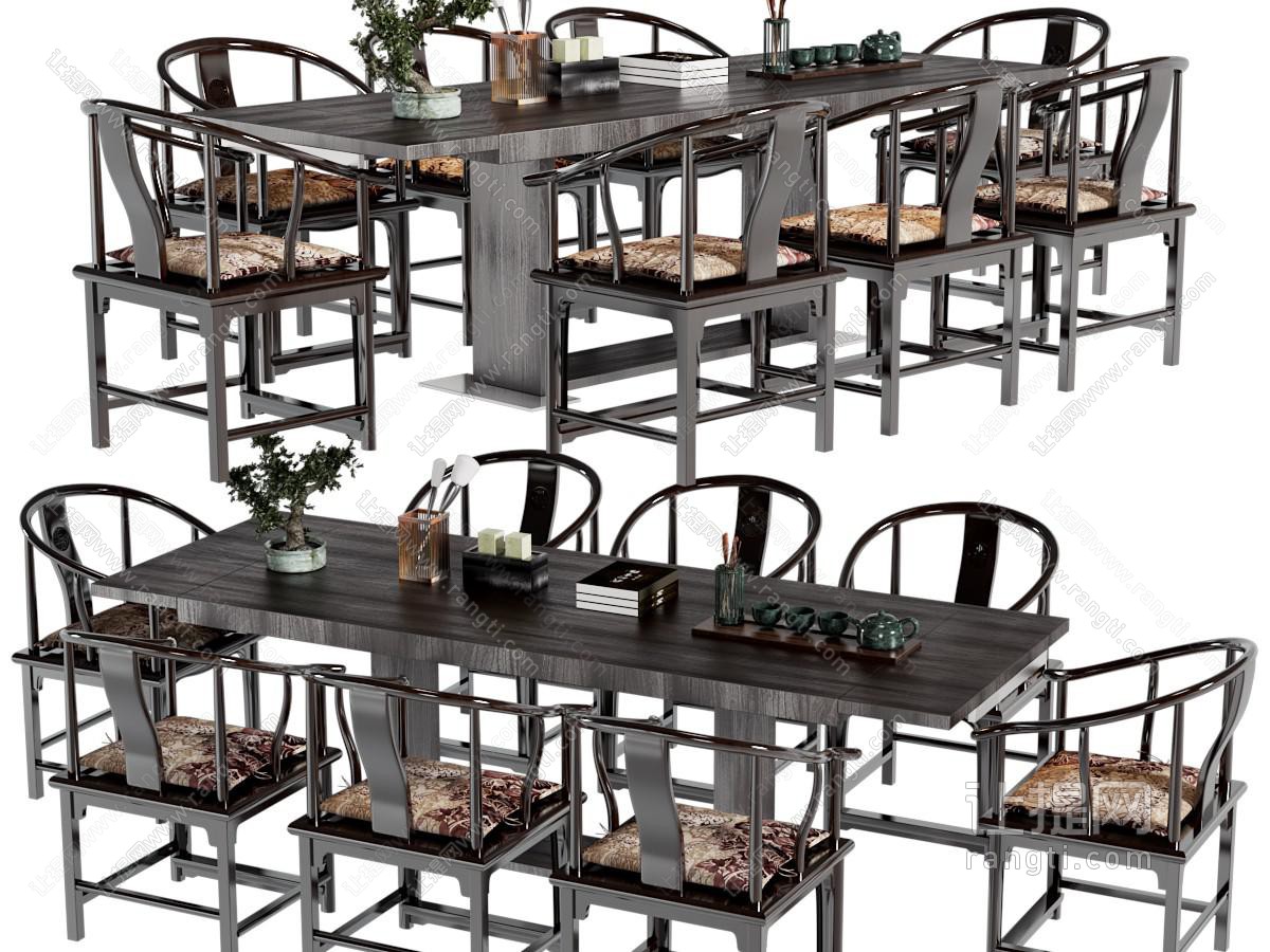 新中式实木长方形餐桌椅组合