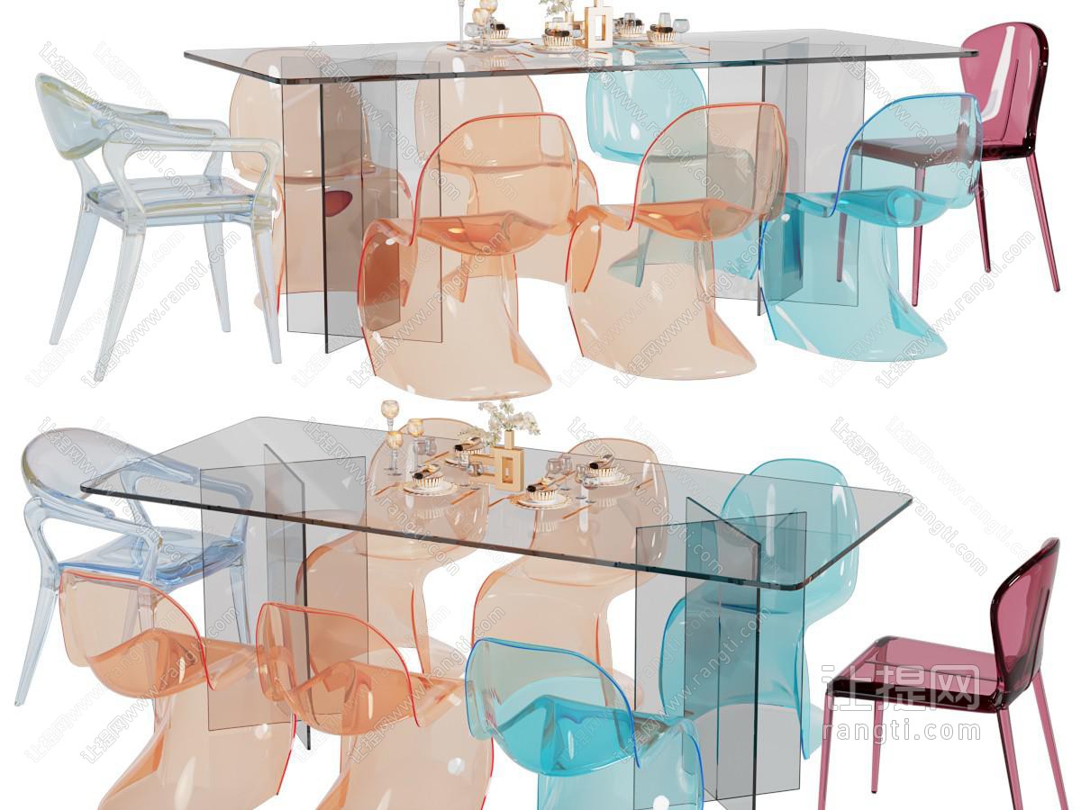 现代亚克力长方形餐桌椅组合