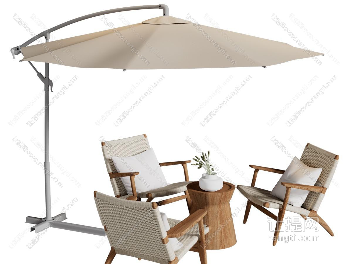 新中式户外休闲桌椅组合、遮阳伞