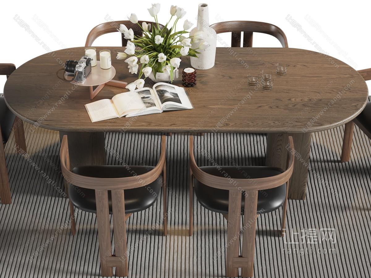 现代椭圆形实木餐桌椅组合