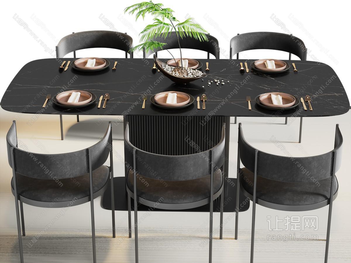 现代黑色长方形大理石餐桌椅组合
