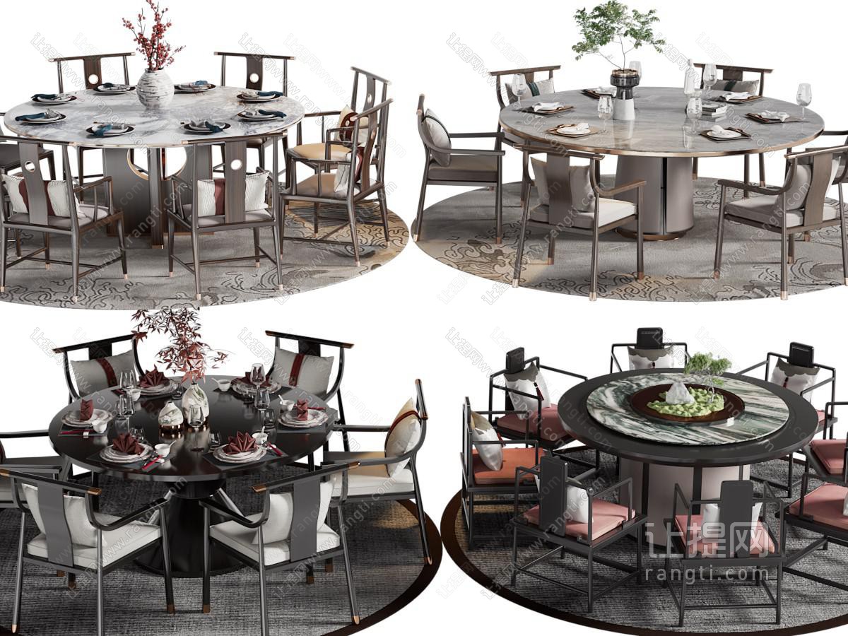新中式圆形大理石餐桌椅组合