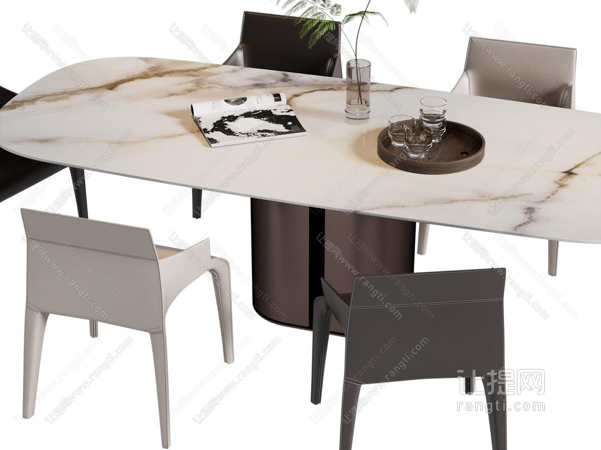 现代椭圆形大理石餐桌椅组合