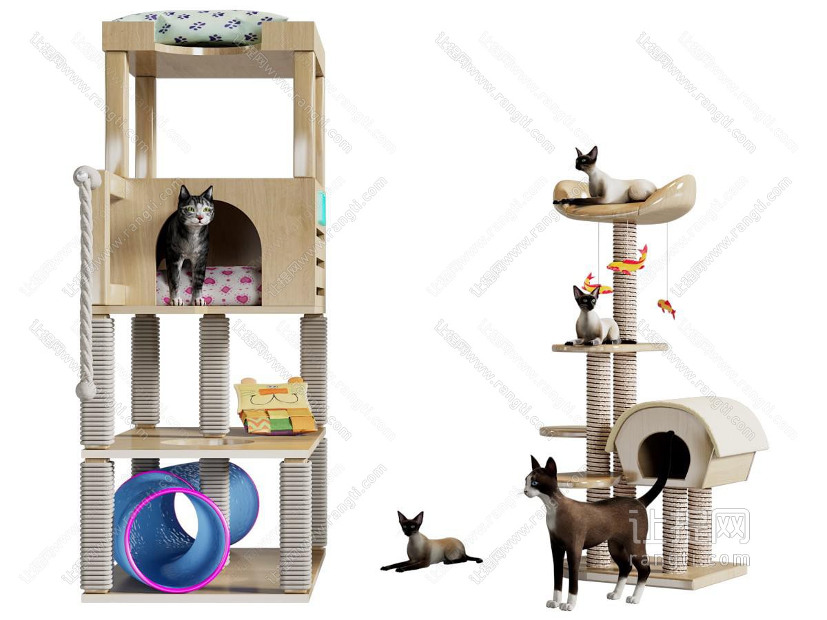 现代实木猫爬架、猫屋子、猫玩具