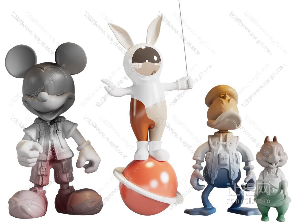现代米老鼠、兔子、唐老鸭雕塑雕刻摆件组合