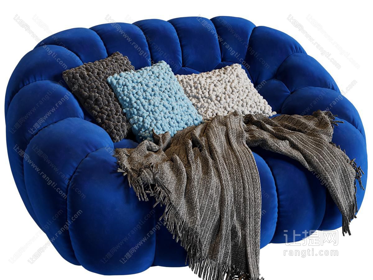 现代蓝色布艺单人沙发