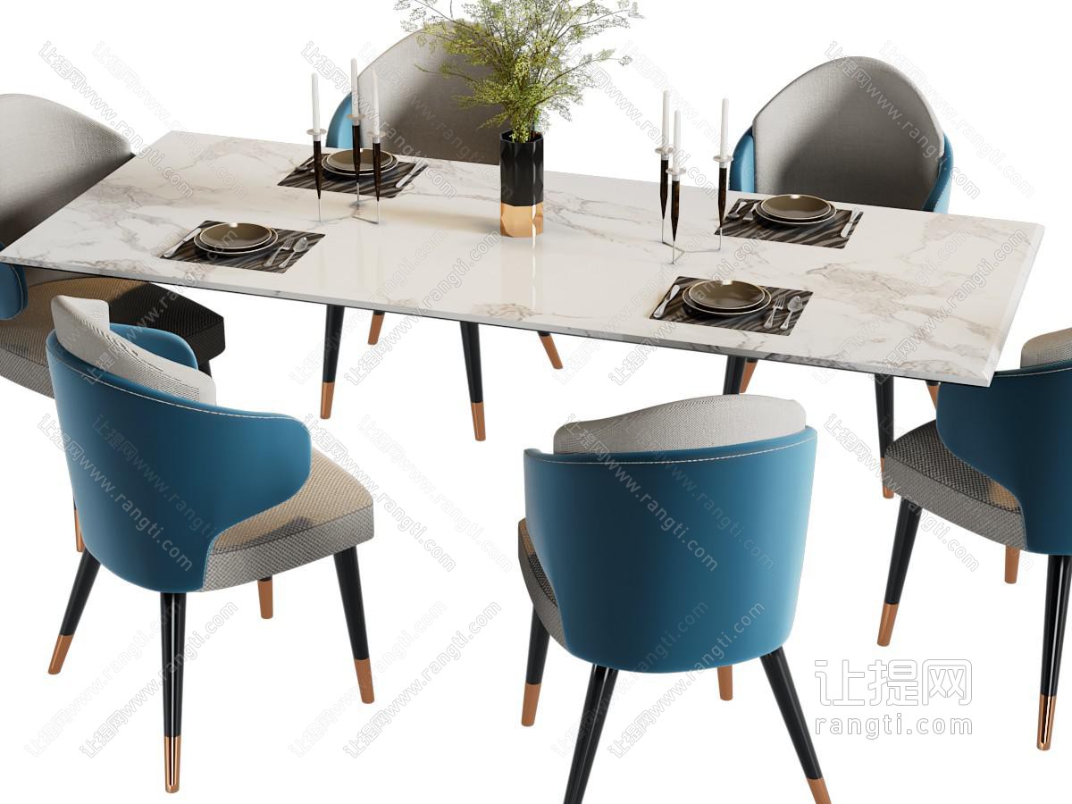现代长方形大理石餐桌椅组合