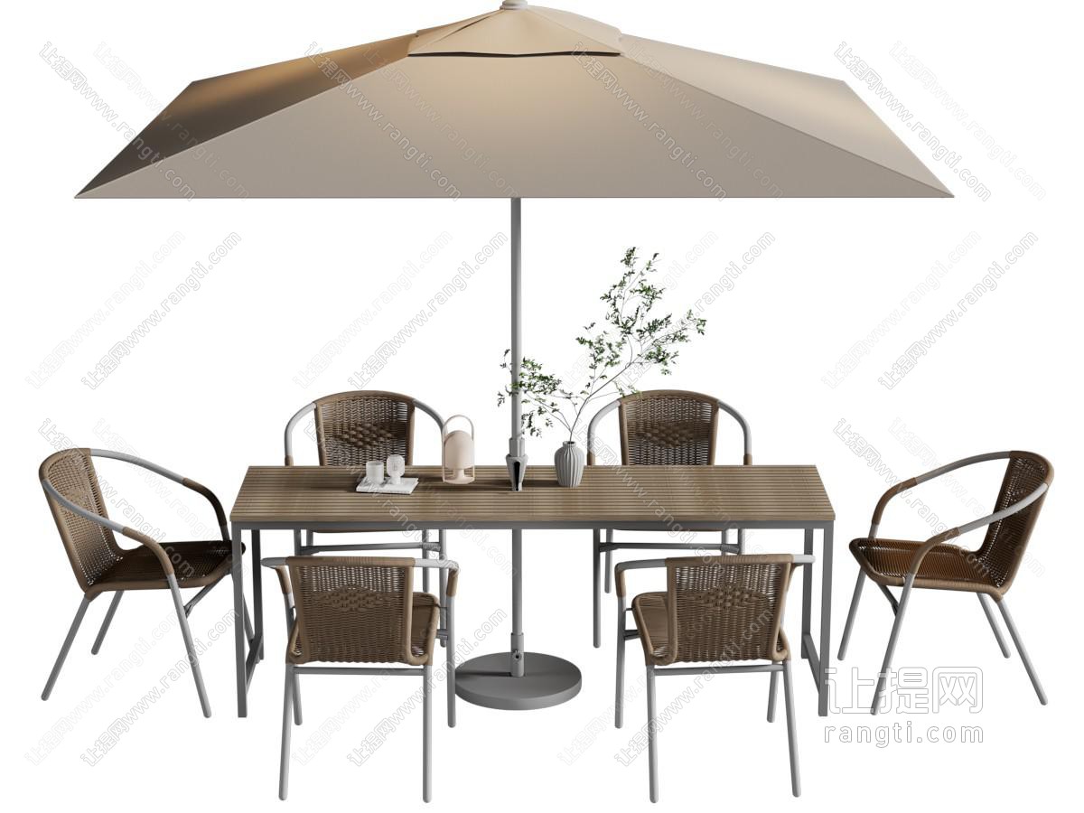 现代长方形餐桌椅组合、遮阳伞