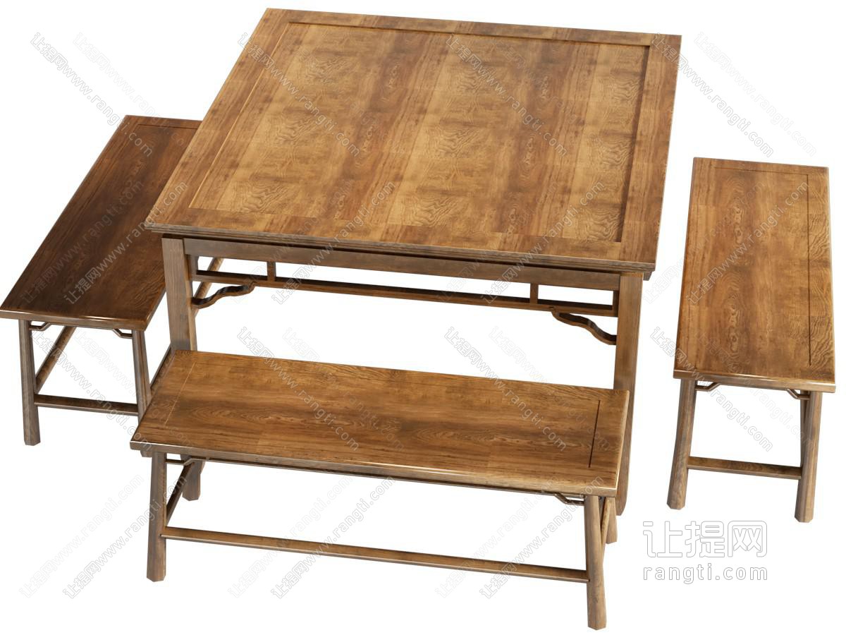中式实木方形餐桌、长凳组合