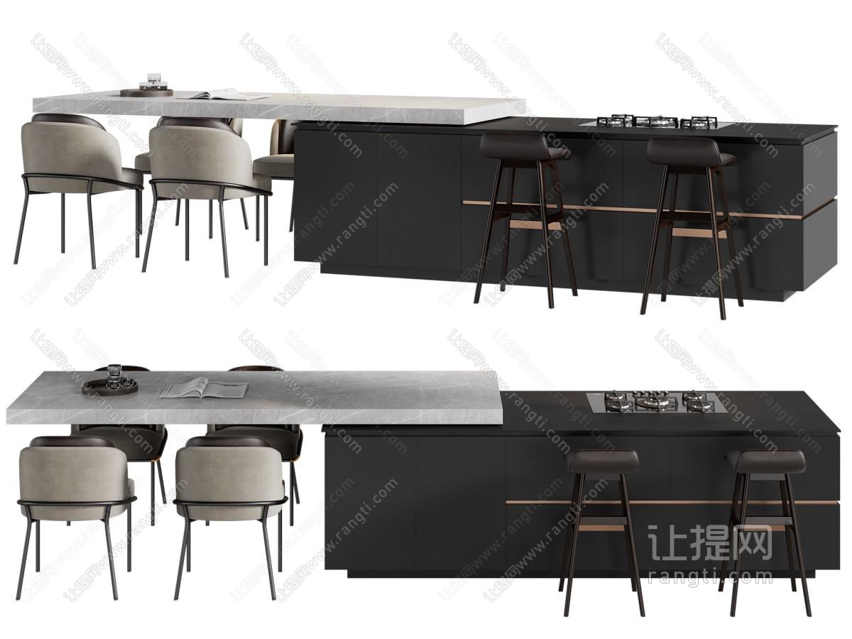 现代厨房岛台餐桌椅组合
