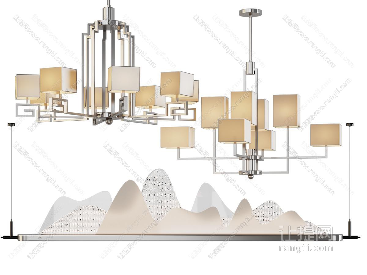 新中式方形灯罩多头、山脉吊灯