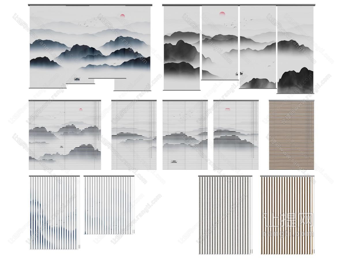 新中式装饰山脉图案的窗帘、百叶帘、隔断