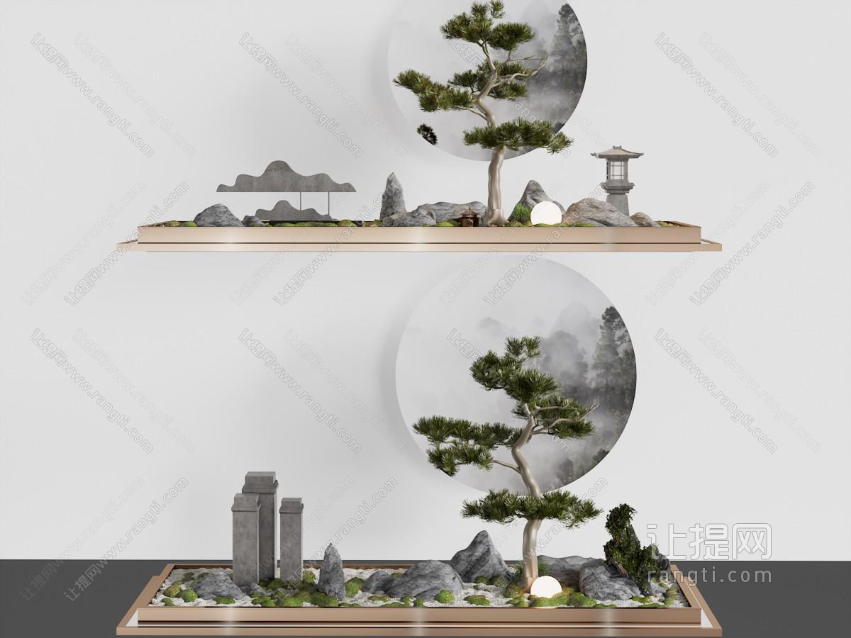 新中式花坛石头 松树景观园艺小品