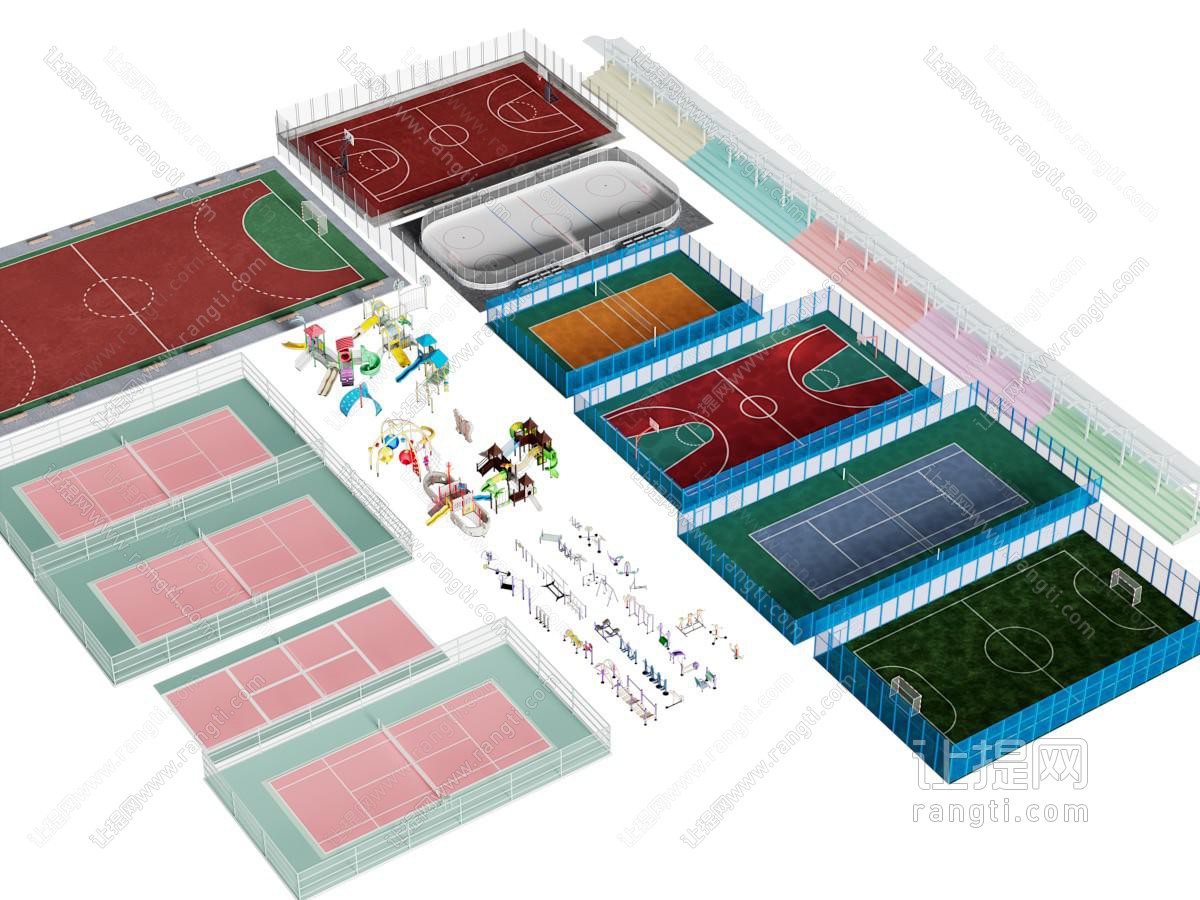 现代篮球场 足球场 观众看台 网球场 健身器材体育设备