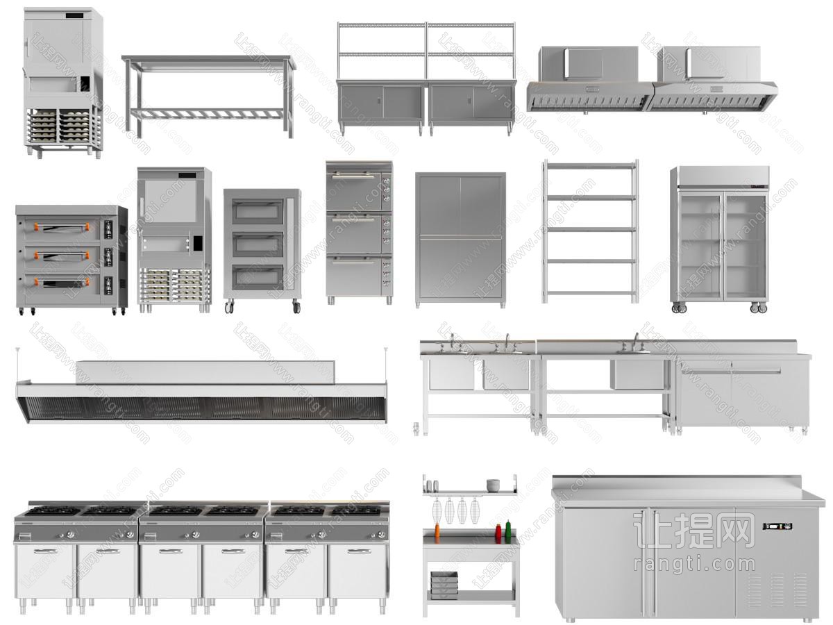 现代商用烤箱 冰柜操作台 洗菜盆 抽油烟机后厨设备