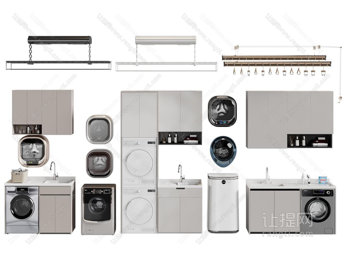现代阳台洗衣机、烘干机收纳柜、晾衣架