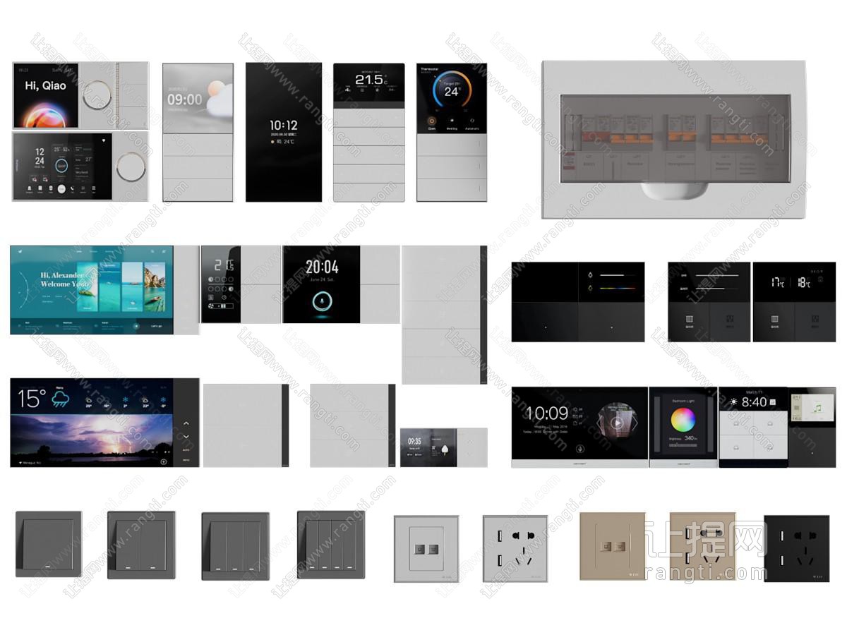 现代配电箱、智能触屏开关、温度计、插座开关面板