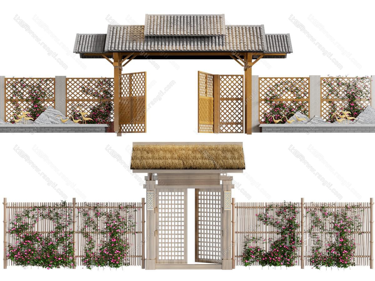 新中式藤蔓植物围墙 围栏 篱笆 大门