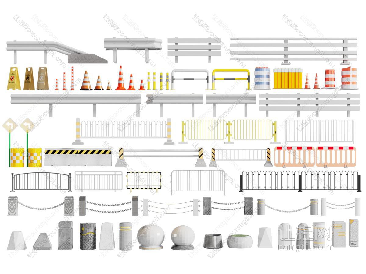 现代交通路障 围栏 栏杆 指示牌 路障石 石墩