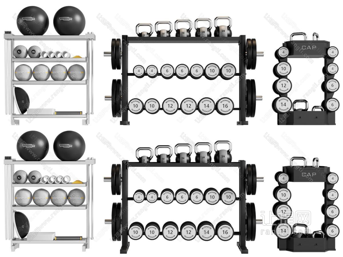 现代健身器材收纳架、哑铃、瑜伽球