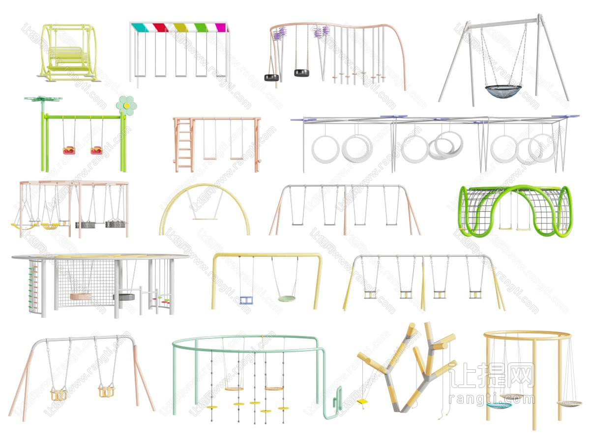 现代户外社区、庭院、公园秋千架组合