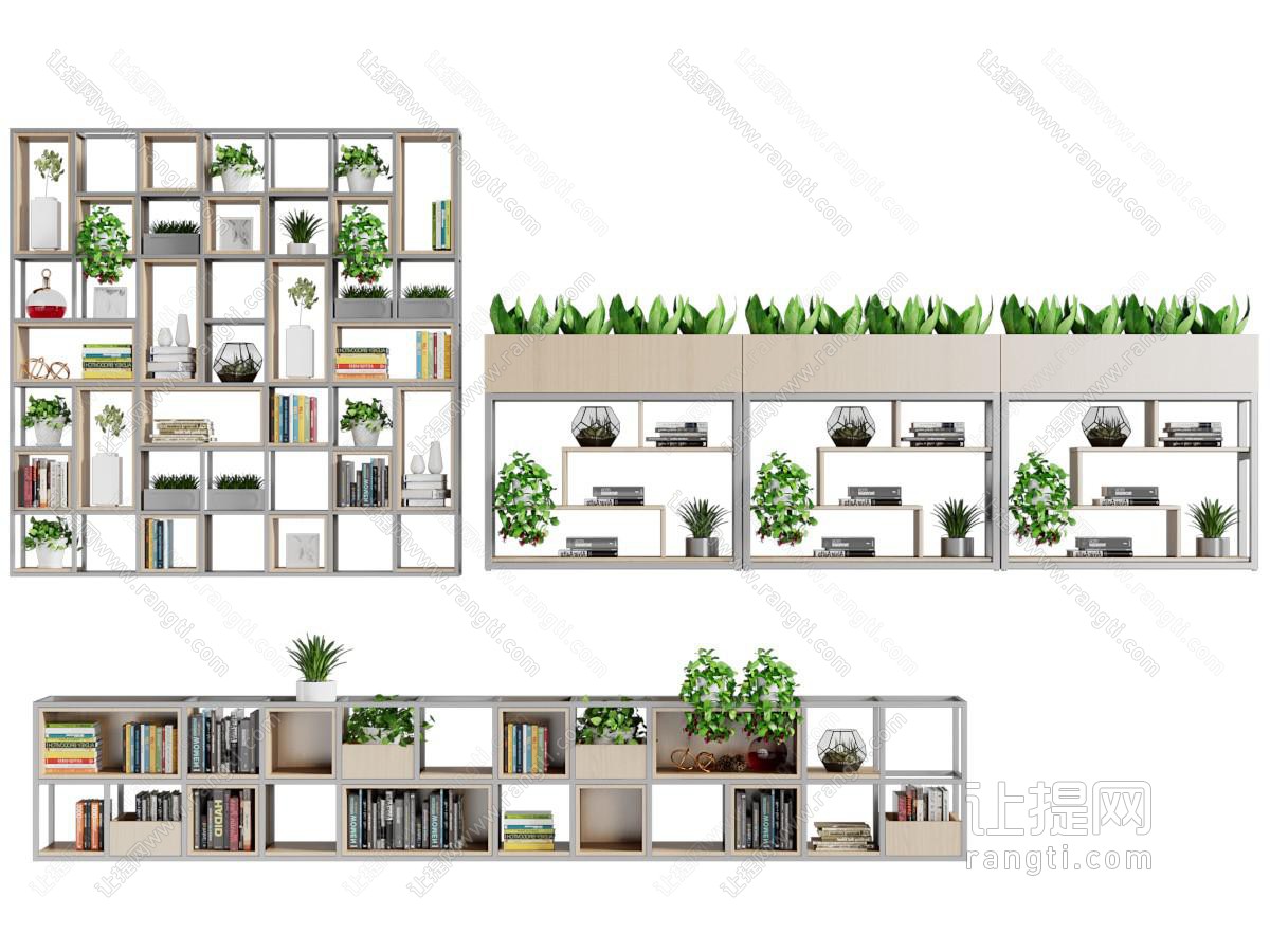 现代开放式装饰花植的书柜